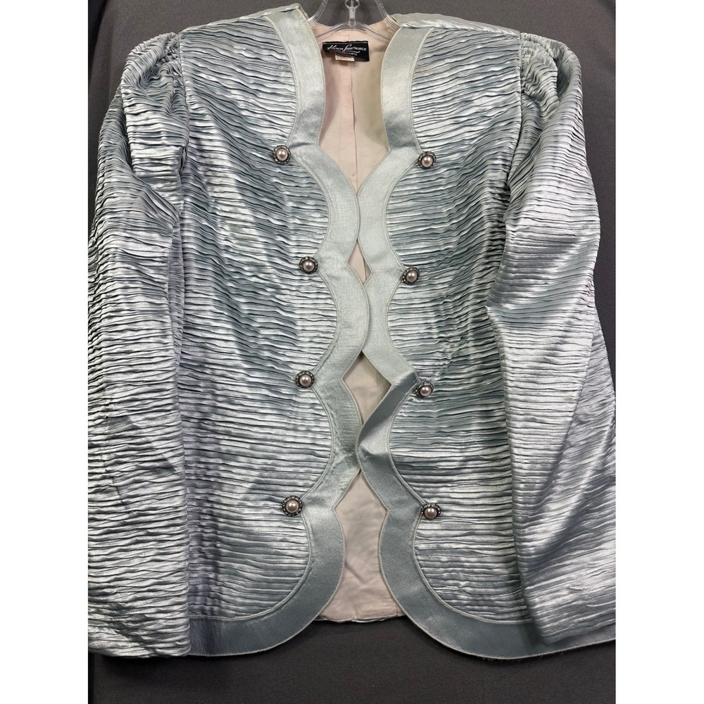 Vintag Karen Lawrence Metallic Ice Blue Pleated Scalloped Pearl Button Jacket 16